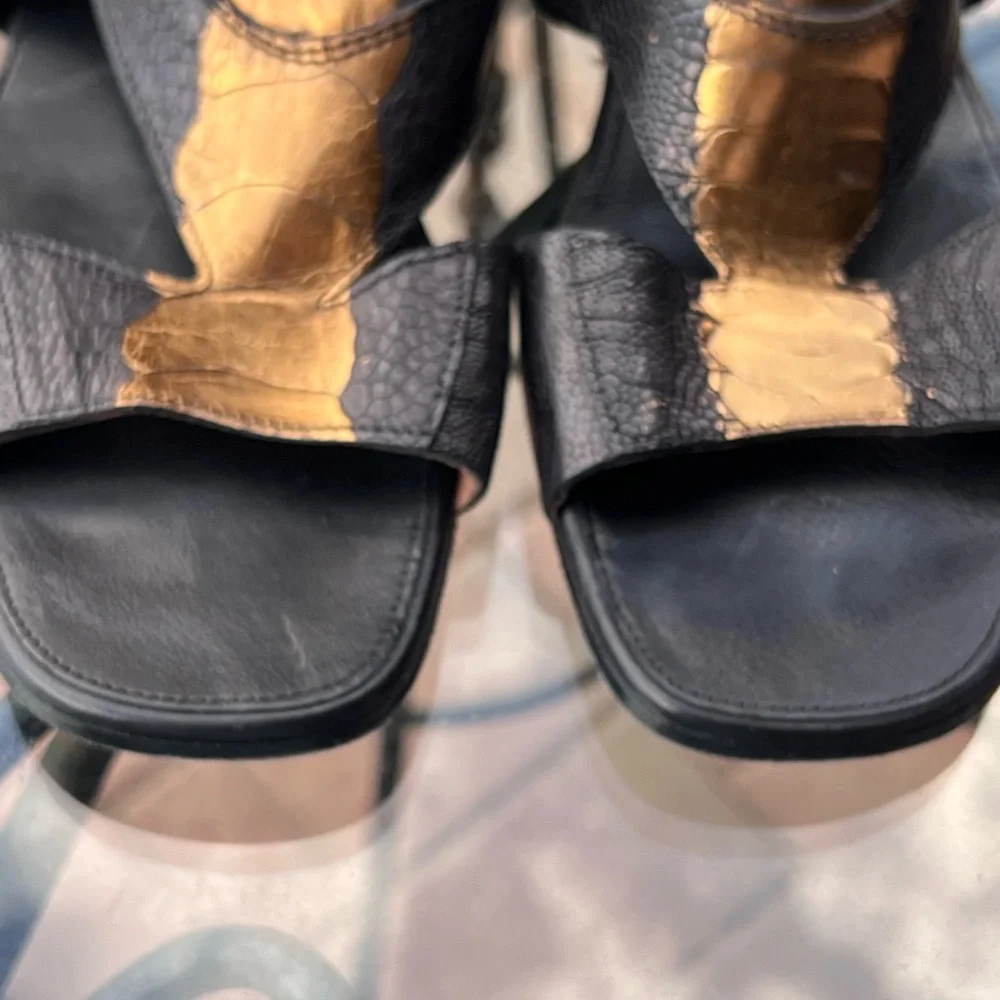 Sigerson Morrison Black and Gold Sandals with Ankle Strap - Picture 2 of 8